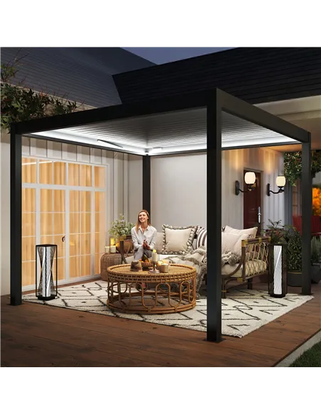 Outsunny 3 x 3(m) Electric Louvered Pergola with LED Lights, Aluminium Pergola Hardtop Gazebo with Remote, Adjustable Roof and D