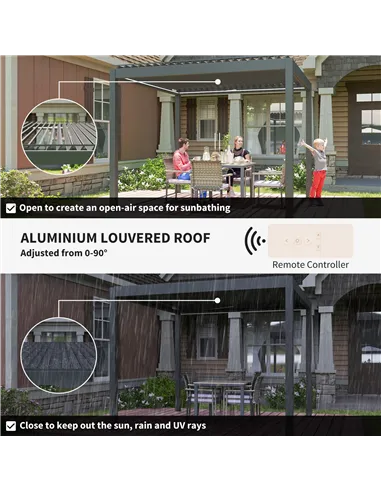 Outsunny 3 x 3(m) Electric Louvered Pergola with LED Lights, Aluminium Pergola Hardtop Gazebo with Remote, Adjustable Roof and D