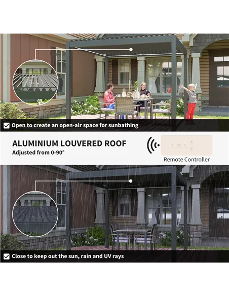 Outsunny 3 x 3(m) Electric Louvered Pergola with LED Lights, Aluminium Pergola Hardtop Gazebo with Remote, Adjustable Roof and D