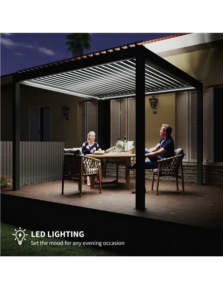 Outsunny 3 x 3(m) Electric Louvered Pergola with LED Lights, Aluminium Pergola Hardtop Gazebo with Remote, Adjustable Roof and D