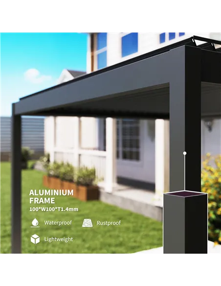 Outsunny 3 x 3(m) Electric Louvered Pergola with LED Lights, Aluminium Pergola Hardtop Gazebo with Remote, Adjustable Roof and D