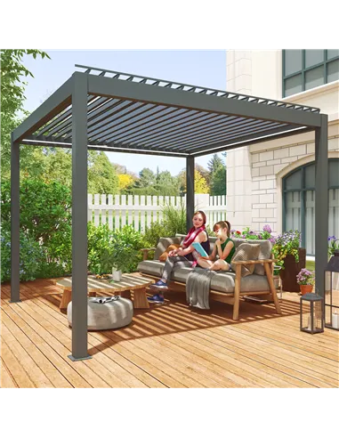 Outsunny 3 x 3(m) Electric Louvered Pergola with LED Lights, Aluminium Pergola Hardtop Gazebo with Remote, Adjustable Roof and D