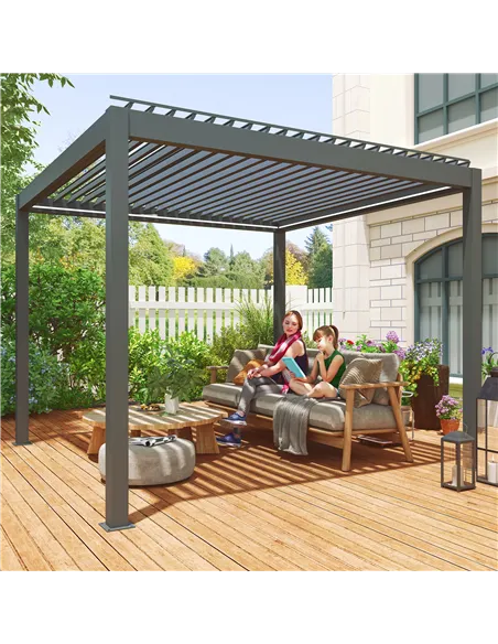 Outsunny 3 x 3(m) Electric Louvered Pergola with LED Lights, Aluminium Pergola Hardtop Gazebo with Remote, Adjustable Roof and D