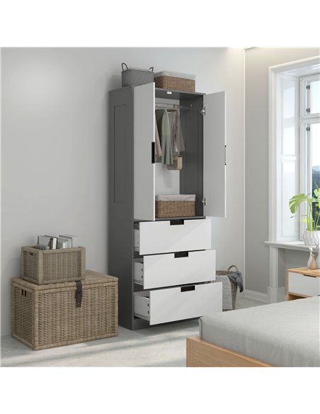 HOMCOM 2 Door Wardrobe, Modern Wardrobe with 3 Drawers and Hanging Rod for Bedroom, Grey