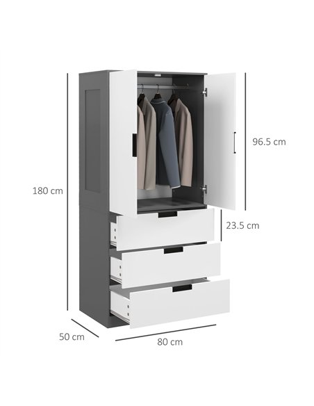 HOMCOM 2 Door Wardrobe, Modern Wardrobe with 3 Drawers and Hanging Rod for Bedroom, Grey