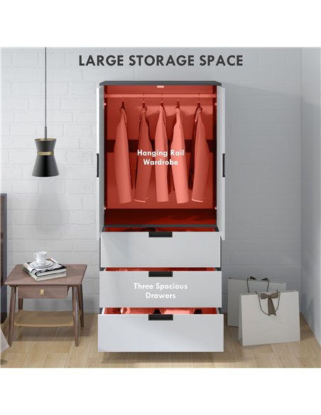 HOMCOM 2 Door Wardrobe, Modern Wardrobe with 3 Drawers and Hanging Rod for Bedroom, Grey
