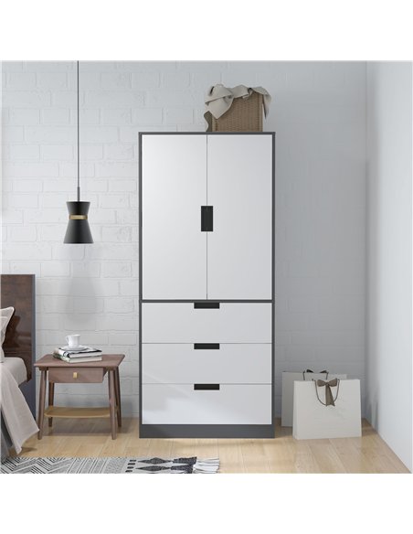 HOMCOM 2 Door Wardrobe, Modern Wardrobe with 3 Drawers and Hanging Rod for Bedroom, Grey
