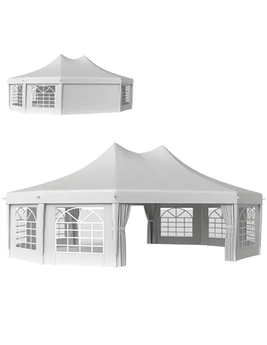 Outsunny 10 Sides Decagonal Garden Gazebo Marquee Party Tent Wedding Canopy Outdoor Heavy Duty Metal Frame (8.9m x 6.5m) - White