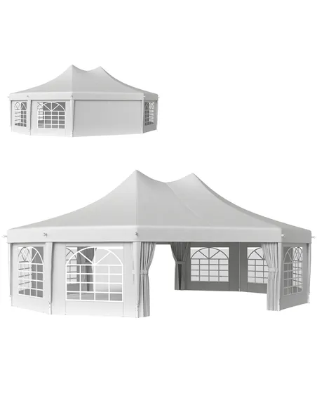 Outsunny 10 Sides Decagonal Garden Gazebo Marquee Party Tent Wedding Canopy Outdoor Heavy Duty Metal Frame (8.9m x 6.5m) - White