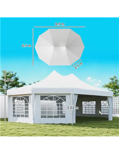 Outsunny 10 Sides Decagonal Garden Gazebo Marquee Party Tent Wedding Canopy Outdoor Heavy Duty Metal Frame (8.9m x 6.5m) - White