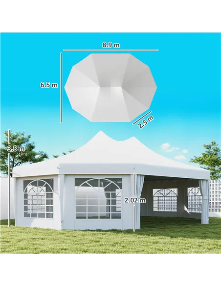Outsunny 10 Sides Decagonal Garden Gazebo Marquee Party Tent Wedding Canopy Outdoor Heavy Duty Metal Frame (8.9m x 6.5m) - White