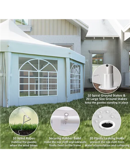 Outsunny 10 Sides Decagonal Garden Gazebo Marquee Party Tent Wedding Canopy Outdoor Heavy Duty Metal Frame (8.9m x 6.5m) - White