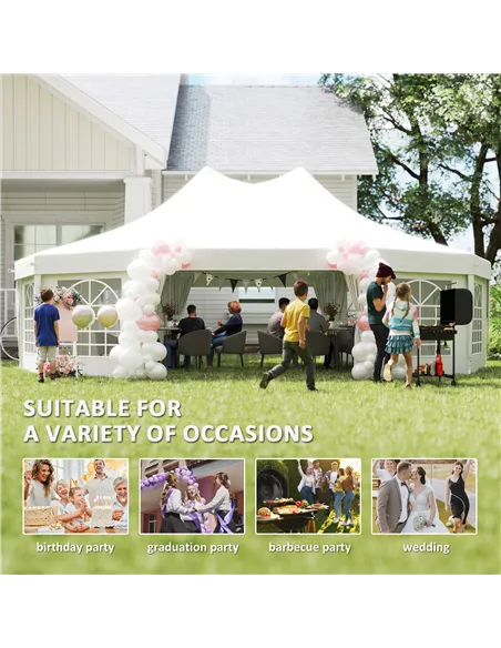 Outsunny 10 Sides Decagonal Garden Gazebo Marquee Party Tent Wedding Canopy Outdoor Heavy Duty Metal Frame (8.9m x 6.5m) - White