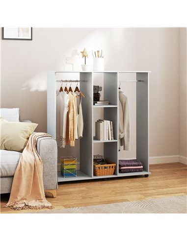 HOMCOM Open Wardrobe Double Mobile Storage Shelves Organizer W/6 Wheels-Grey