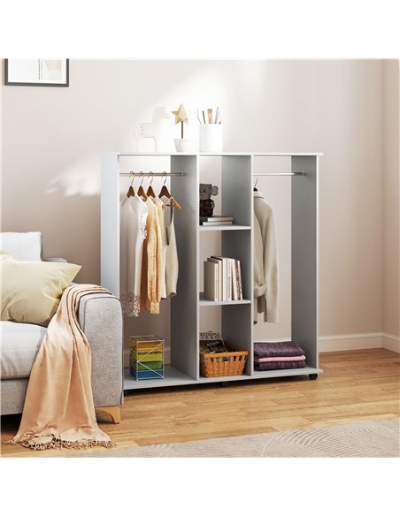 HOMCOM Open Wardrobe Double Mobile Storage Shelves Organizer W/6 Wheels-Grey