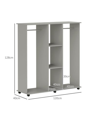 HOMCOM Open Wardrobe Double Mobile Storage Shelves Organizer W/6 Wheels-Grey