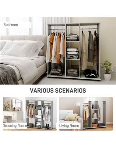 HOMCOM Open Wardrobe Double Mobile Storage Shelves Organizer W/6 Wheels-Grey
