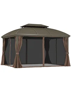 Outsunny 3.65 x 3(m) Hardtop Steel Gazebo Canopy with Aluminium Frame, Double Roof, Net Sidewalls and Curtains, Coffee