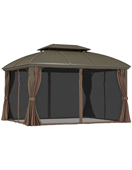 Outsunny 3.65 x 3(m) Hardtop Steel Gazebo Canopy with Aluminium Frame, Double Roof, Net Sidewalls and Curtains, Coffee