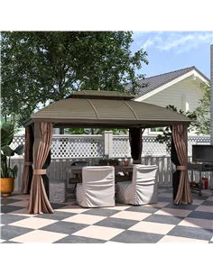 Outsunny 3.65 x 3(m) Hardtop Steel Gazebo Canopy with Aluminium Frame, Double Roof, Net Sidewalls and Curtains, Coffee 2