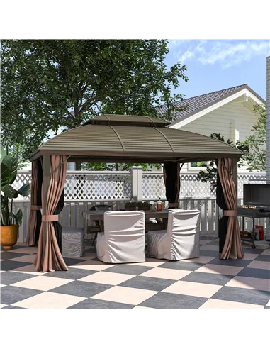 Outsunny 3.65 x 3(m) Hardtop Steel Gazebo Canopy with Aluminium Frame, Double Roof, Net Sidewalls and Curtains, Coffee