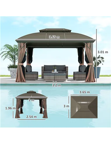 Outsunny 3.65 x 3(m) Hardtop Steel Gazebo Canopy with Aluminium Frame, Double Roof, Net Sidewalls and Curtains, Coffee