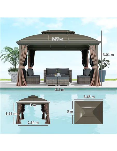 Outsunny 3.65 x 3(m) Hardtop Steel Gazebo Canopy with Aluminium Frame, Double Roof, Net Sidewalls and Curtains, Coffee