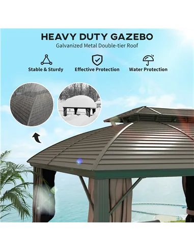 Outsunny 3.65 x 3(m) Hardtop Steel Gazebo Canopy with Aluminium Frame, Double Roof, Net Sidewalls and Curtains, Coffee