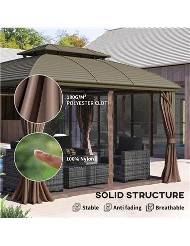 Outsunny 3.65 x 3(m) Hardtop Steel Gazebo Canopy with Aluminium Frame, Double Roof, Net Sidewalls and Curtains, Coffee