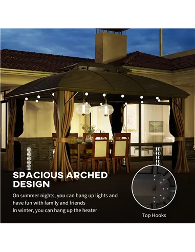 Outsunny 3.65 x 3(m) Hardtop Steel Gazebo Canopy with Aluminium Frame, Double Roof, Net Sidewalls and Curtains, Coffee