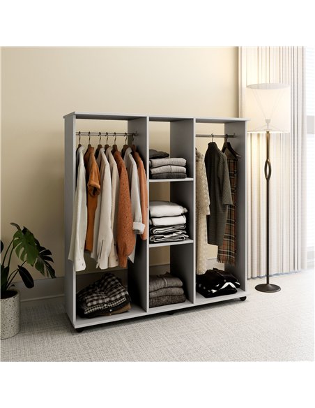 HOMCOM Open Wardrobe Double Mobile Storage Shelves Organizer W/6 Wheels-Grey