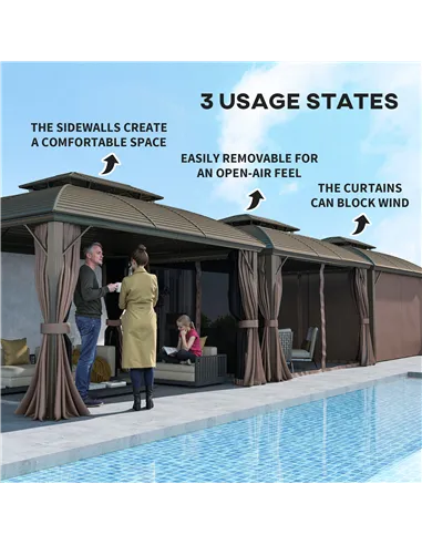 Outsunny 3.65 x 3(m) Hardtop Steel Gazebo Canopy with Aluminium Frame, Double Roof, Net Sidewalls and Curtains, Coffee