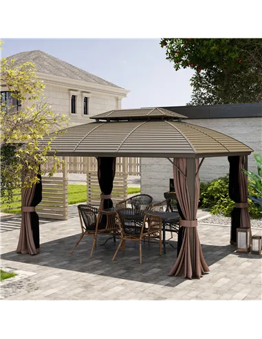 Outsunny 3.65 x 3(m) Hardtop Steel Gazebo Canopy with Aluminium Frame, Double Roof, Net Sidewalls and Curtains, Coffee