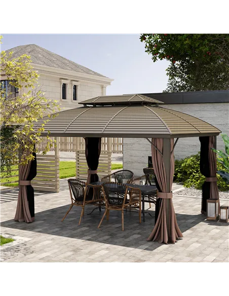 Outsunny 3.65 x 3(m) Hardtop Steel Gazebo Canopy with Aluminium Frame, Double Roof, Net Sidewalls and Curtains, Coffee