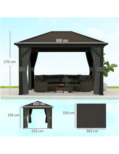 Outsunny 3.6 x 3 m Aluminium Hardtop Gazebo, with Accessories - Dark Grey