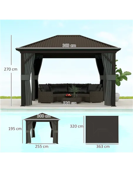 Outsunny 3.6 x 3 m Aluminium Hardtop Gazebo, with Accessories - Dark Grey