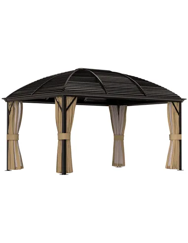 Outsunny 3 x 4m Hardtop Gazebo Canopy with Metal Roof, Aluminium Gazebo Permanent Pavilion with Netting and Curtains, Brown