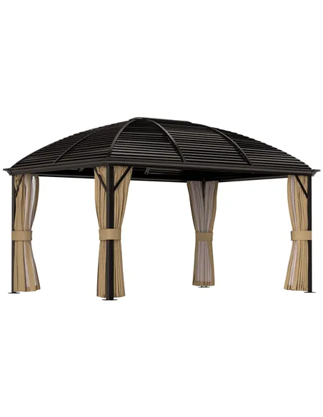 Outsunny 3 x 4m Hardtop Gazebo Canopy with Metal Roof, Aluminium Gazebo Permanent Pavilion with Netting and Curtains, Brown