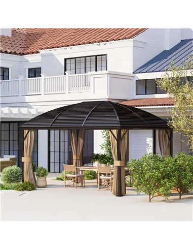 Outsunny 3 x 4m Hardtop Gazebo Canopy with Metal Roof, Aluminium Gazebo Permanent Pavilion with Netting and Curtains, Brown