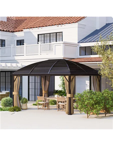 Outsunny 3 x 4m Hardtop Gazebo Canopy with Metal Roof, Aluminium Gazebo Permanent Pavilion with Netting and Curtains, Brown