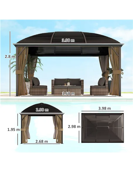 Outsunny 3 x 4m Hardtop Gazebo Canopy with Metal Roof, Aluminium Gazebo Permanent Pavilion with Netting and Curtains, Brown