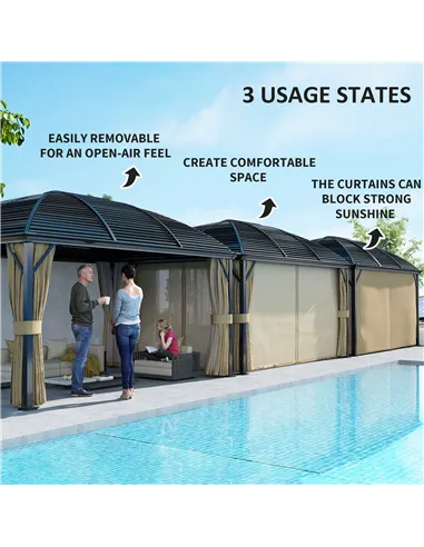 Outsunny 3 x 4m Hardtop Gazebo Canopy with Metal Roof, Aluminium Gazebo Permanent Pavilion with Netting and Curtains, Brown