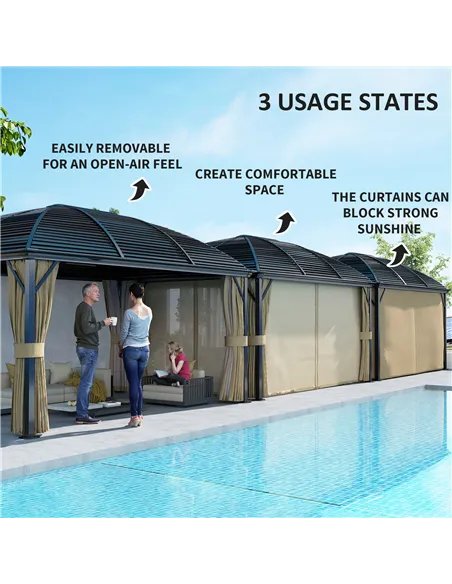 Outsunny 3 x 4m Hardtop Gazebo Canopy with Metal Roof, Aluminium Gazebo Permanent Pavilion with Netting and Curtains, Brown