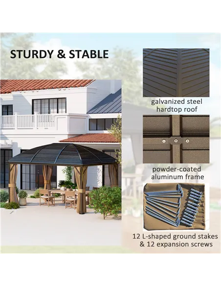 Outsunny 3 x 4m Hardtop Gazebo Canopy with Metal Roof, Aluminium Gazebo Permanent Pavilion with Netting and Curtains, Brown