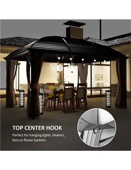 Outsunny 3 x 4m Hardtop Gazebo Canopy with Metal Roof, Aluminium Gazebo Permanent Pavilion with Netting and Curtains, Brown