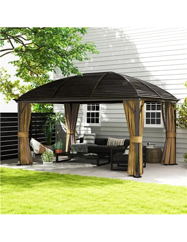 Outsunny 3 x 4m Hardtop Gazebo Canopy with Metal Roof, Aluminium Gazebo Permanent Pavilion with Netting and Curtains, Brown