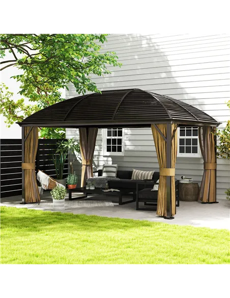 Outsunny 3 x 4m Hardtop Gazebo Canopy with Metal Roof, Aluminium Gazebo Permanent Pavilion with Netting and Curtains, Brown