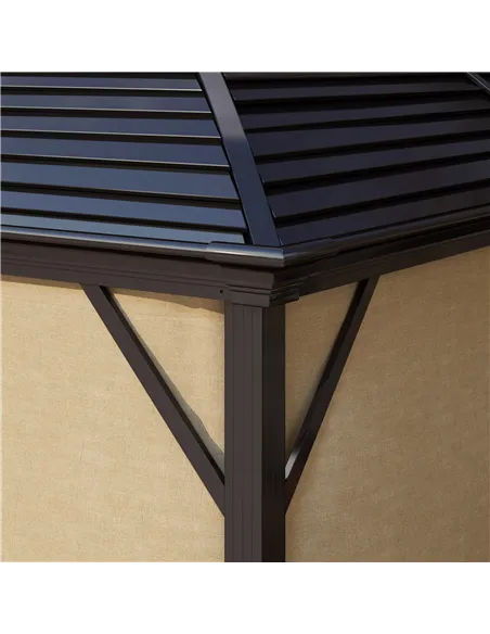 Outsunny 3 x 4m Hardtop Gazebo Canopy with Metal Roof, Aluminium Gazebo Permanent Pavilion with Netting and Curtains, Brown