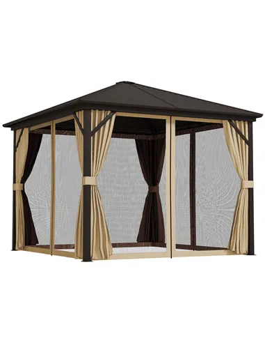 Outsunny 3 x 3(m) Metal Hardtop Gazebo, with Curtains and Accessories - Brown