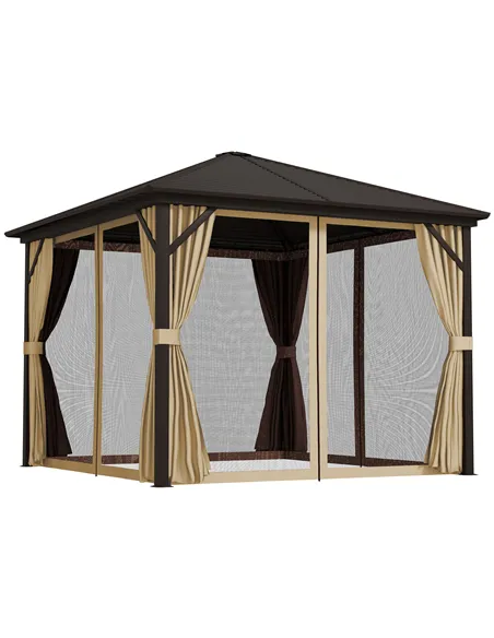 Outsunny 3 x 3(m) Metal Hardtop Gazebo, with Curtains and Accessories - Brown